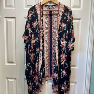 Angie Bohemian Vibrant Floral Pattern Kimono Wide Sleeves Open Front Size Large